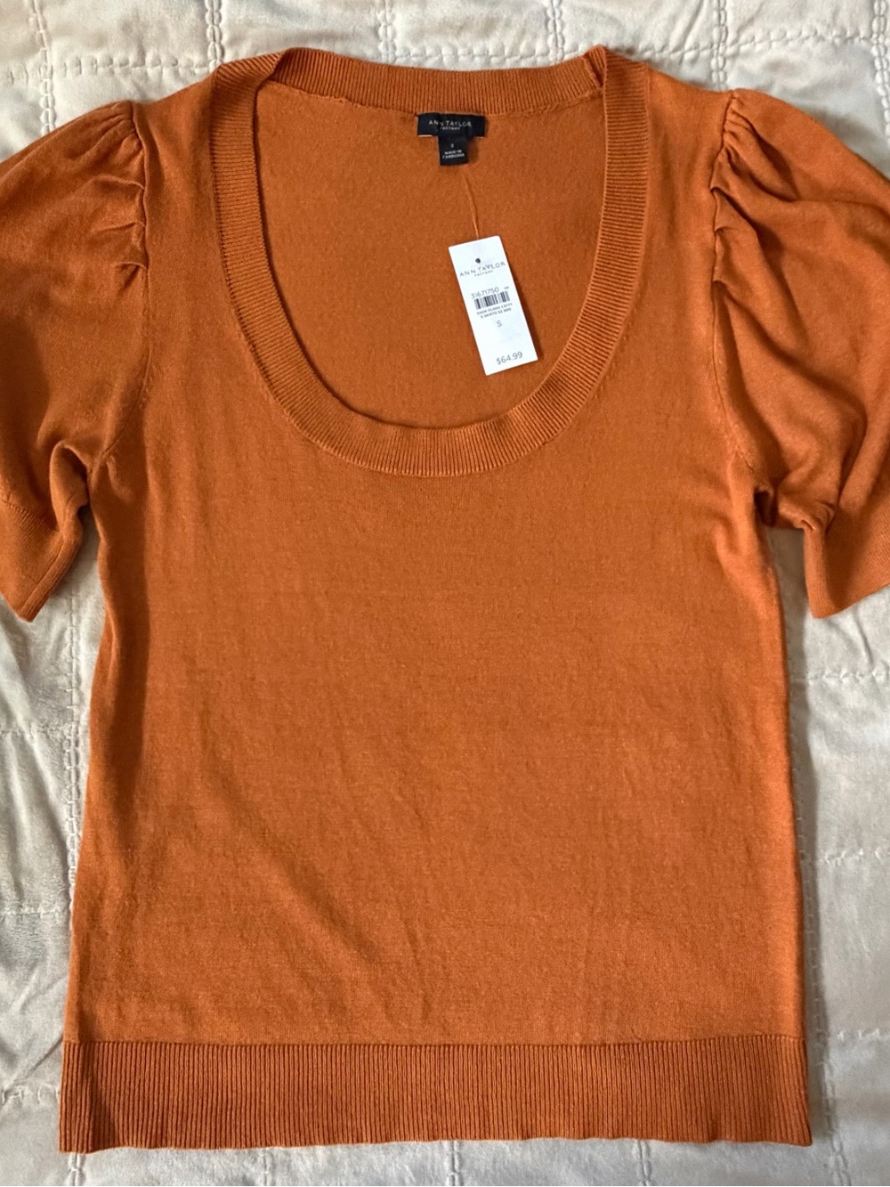 NWT Ann Taylor Factory Puff Sleeve Scoop Neck Sweater Top Rust Orange S